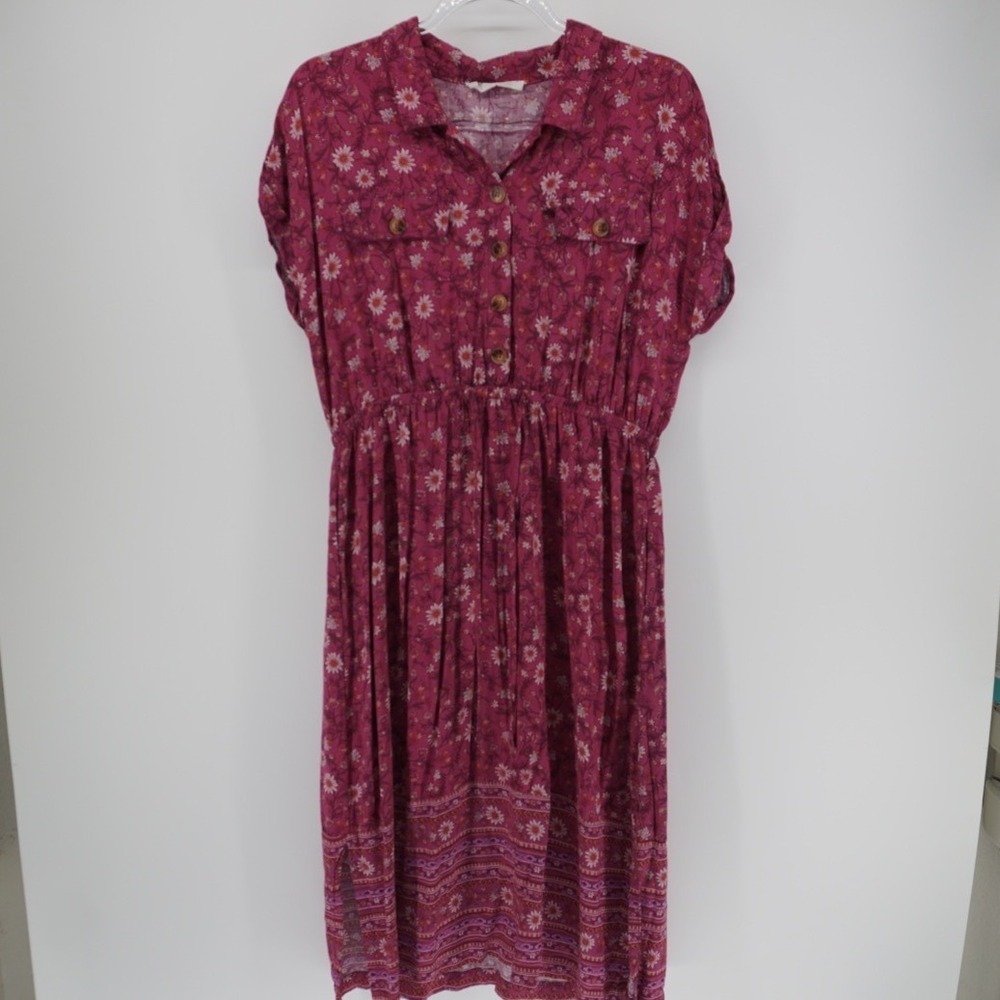 Lucky Brand Magenta Pink Floral Rayon Midi Dress Large Boho Cottagecore
